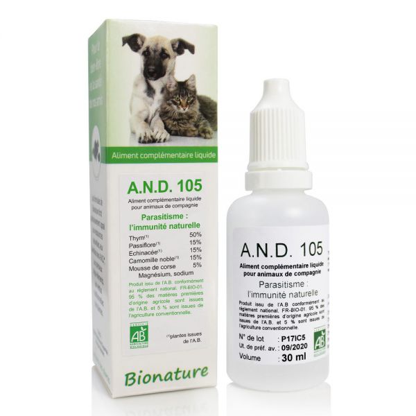 【ビオナチュール】　ペット用　寄生虫、腸の浄化、自然防御サポートに　A.N.D 105　＜タイム、パッションフラワー、エキナセア、ローマンカモミール、ムースデコルス＞　30ml　【PARASITISME DES ANIMAUX BIO - A.N.D 105 30 ML - BIONATURE】