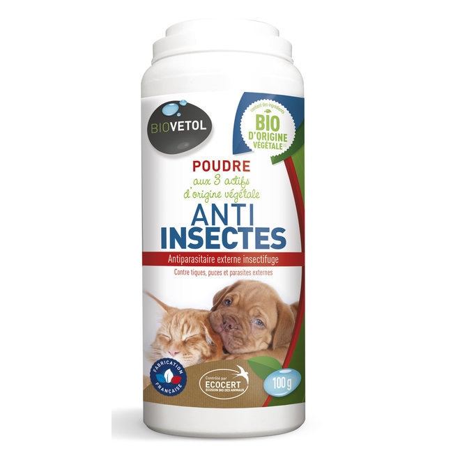 安心のペット犬猫　ノミダニ駆除・予防パウダー　（植物有効成分・ラベンダーの香り）　《エコサート認定オーガニック》 虫除け、蚤、忌避剤　120 g　《増量！》　【ビオヴェトール】　anti-insects BIO - BIOVETOL