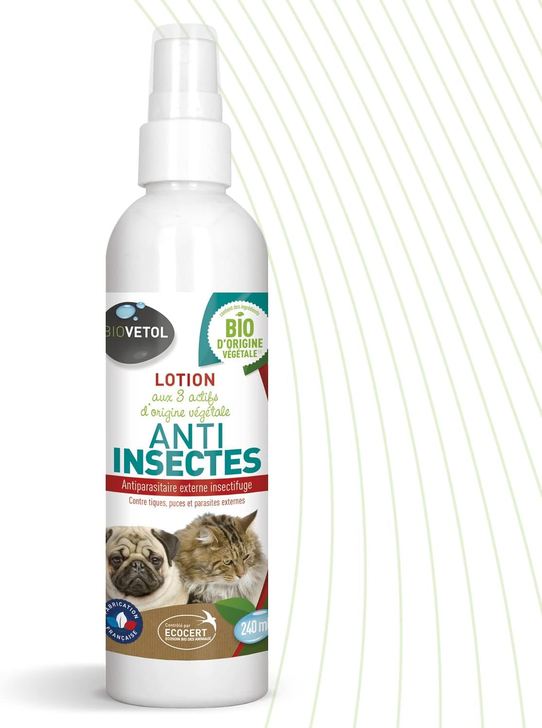 安心のペット犬猫　ノミダニ駆除・予防スプレー　（植物有効成分・ラベンダー・ユーカリの香り）　《エコサート認定オーガニック》 虫除け、蚤、忌避剤　240ml　【ビオヴェトール】　anti-insects spray BIO - BIOVETOL