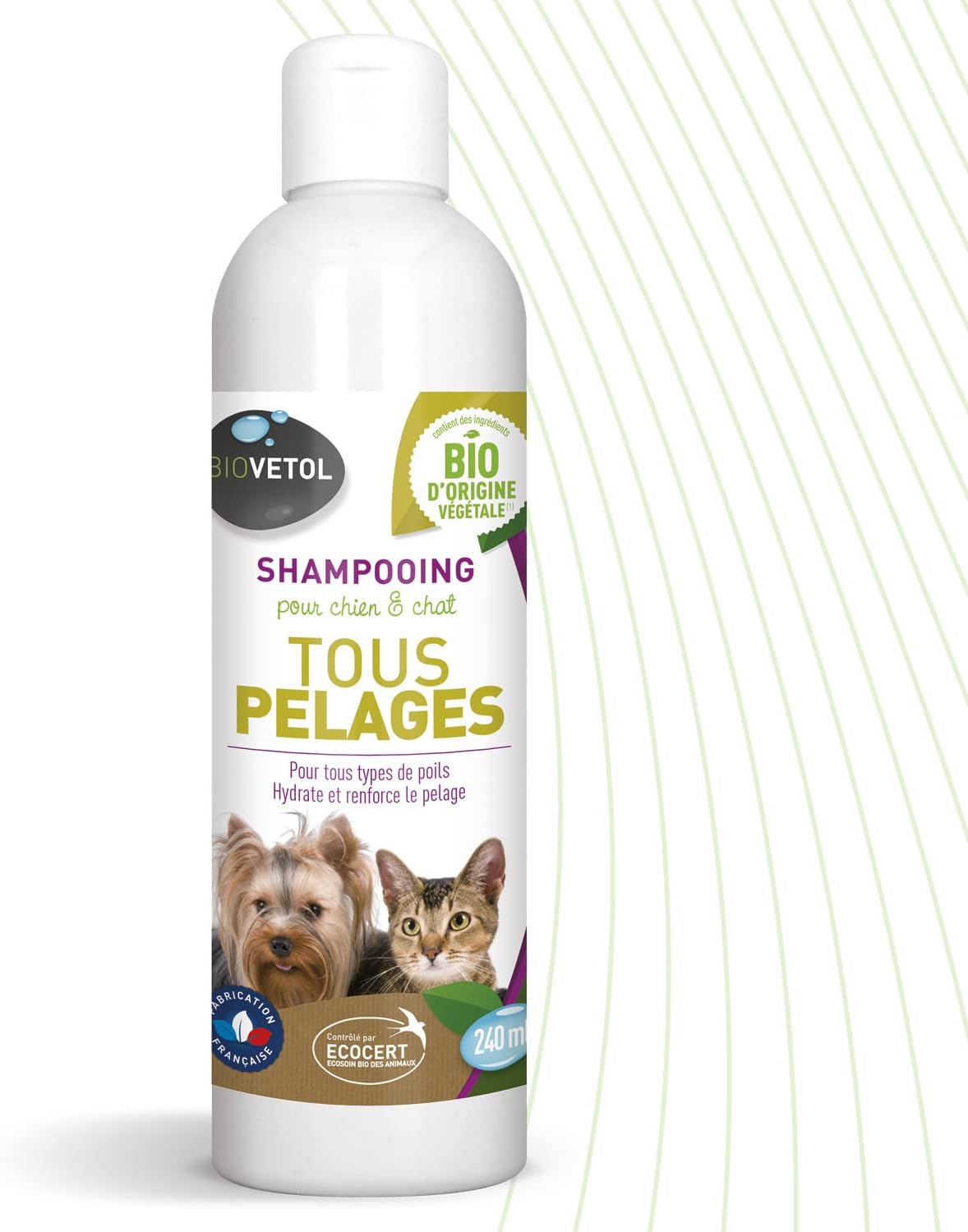 安心のペット犬猫　シャンプー　つやつや、しっとり、ふんわり、被毛と皮膚の保護・強化に　自然派　《エコサート認定オーガニック》 240ml　【ビオヴェトール】　BIO - BIOVETOL
