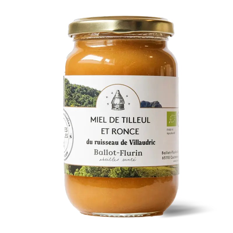 【バロフリュラン】　ギンヨウボダイジュの木＋キイチゴ　はちみつ　高級・希少フランス産　《呼吸器官、咳、喉、口内炎、不眠のケア、活力アップ、消化促進に》オーガニック　＜☆よりお得な480ｇ！＞　【Miel de Miel de Tilleul et Ronce Bio】