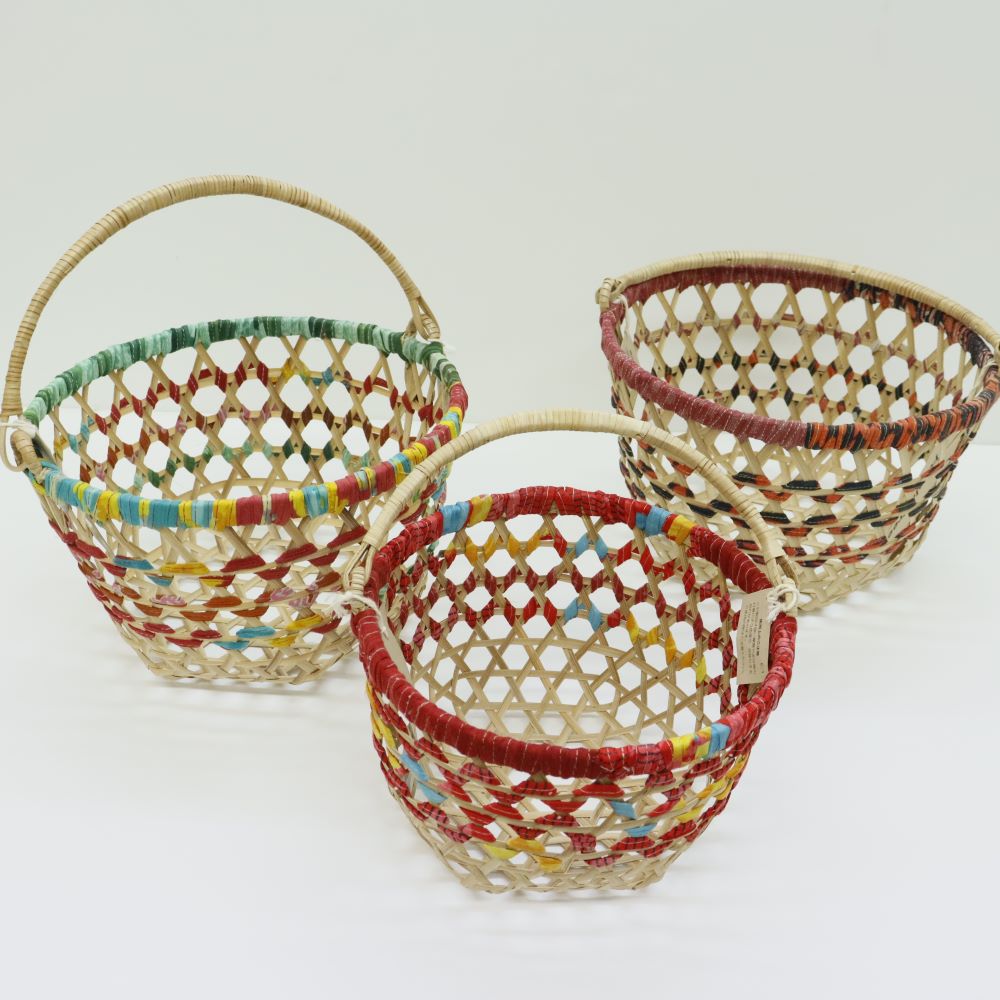 竹とリサイクルサリーの手編みバスケット (大) | CATEGORY,インテリア