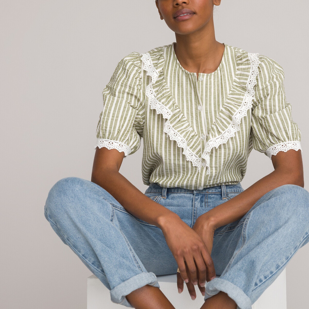 コットンリネン ストライプ柄 半袖シャツ レディース トップス La Redoute ラルドゥート