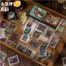 即日発送 金箔押し 海外ステッカー 60枚 フレークシール 箱入り コラージュ 素材 ジャーナル素材 箔押し レトロ 英語 切手 チケット タグ 花フラワー 蝶 きのこ 世界 名画 名絵 旅行 観光名