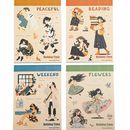 即日出荷 シールブック 型抜き 4冊セット 24頁/冊 男性 女性 カップル 恋人 挿し絵 挿絵 手描き 男の子 女の子 犬 猫 動物 散歩 海辺 英語 文字 家具 雑貨 イラスト シール コラージュ