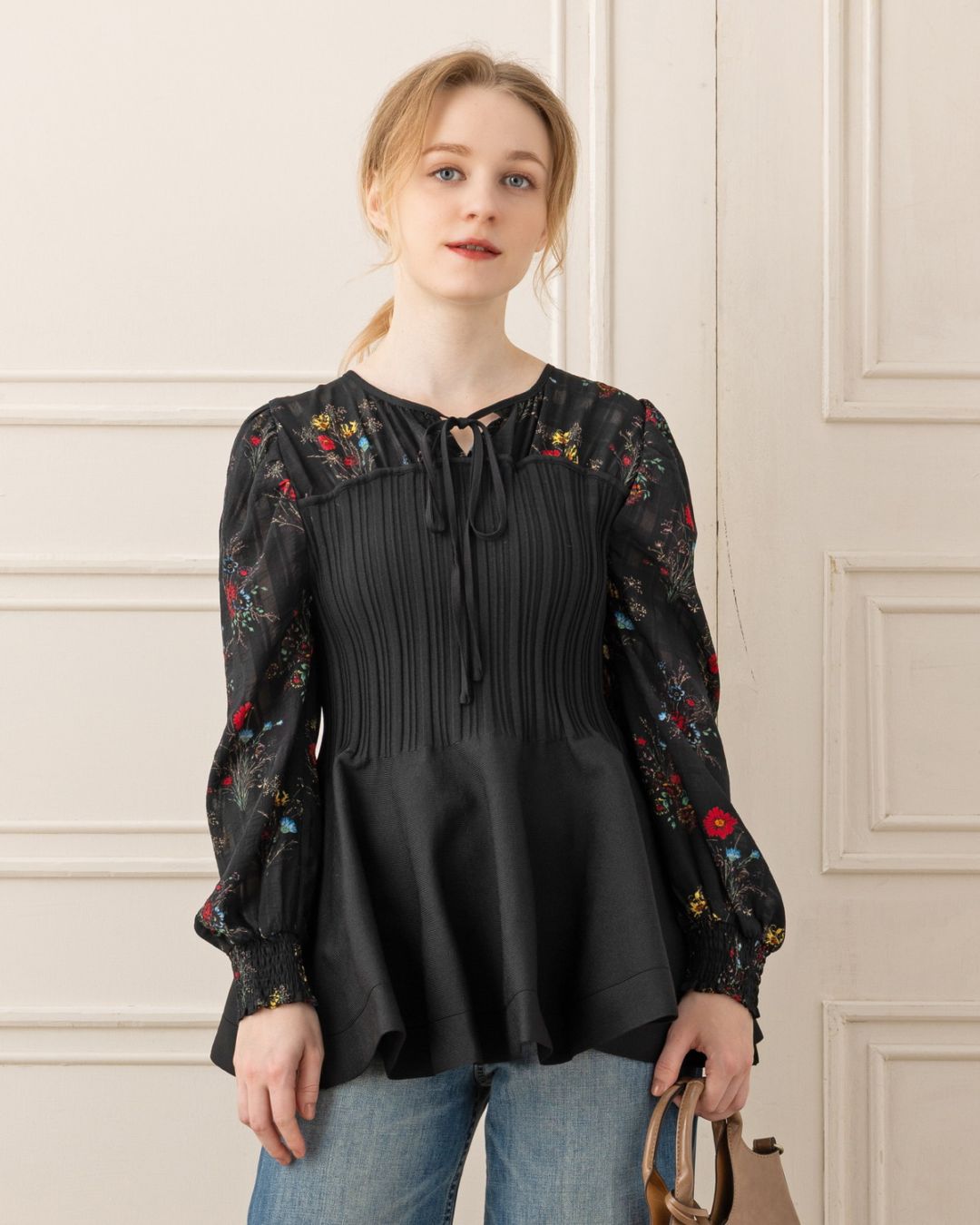 フラワープリントブラウス×ニット