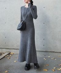 henley neck long rib dress