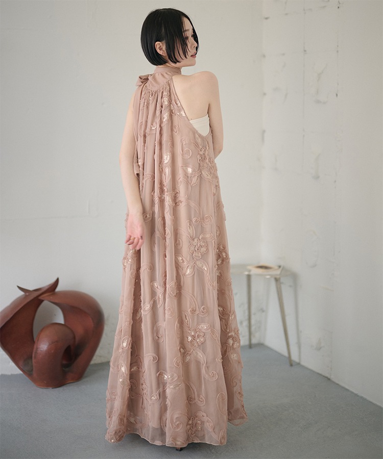 chiffon ribbon halterneck embroidery dress | DRESS | LAULEN
