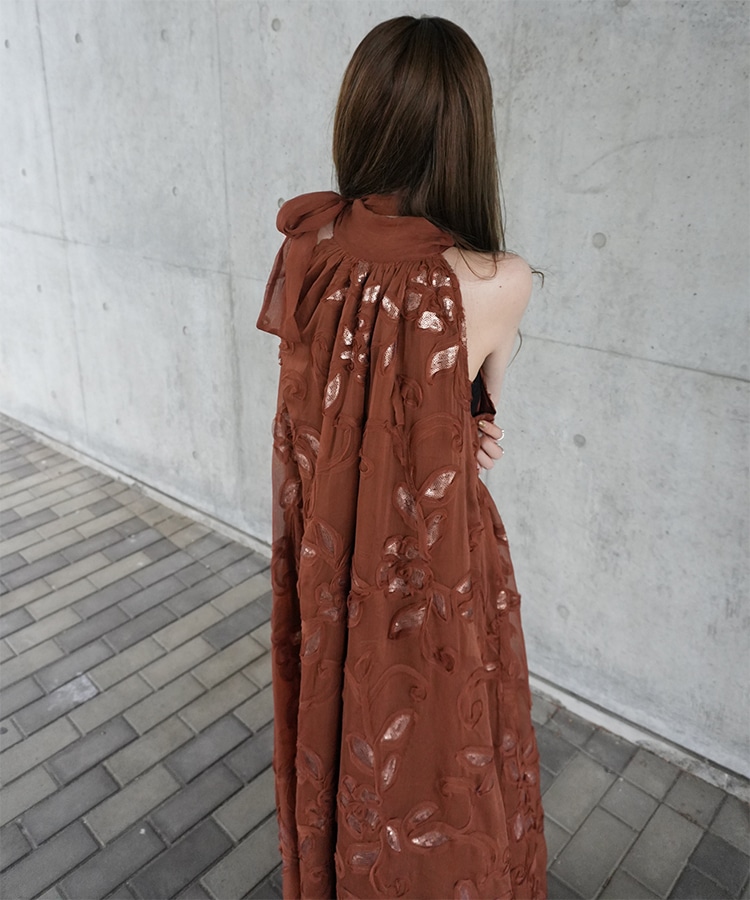 chiffon ribbon halterneck embroidery dress | DRESS | LAULEN