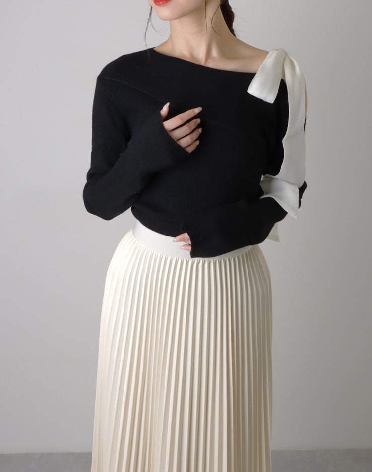 ribbon off shoulder knit pullover | TOPS | LAULEN