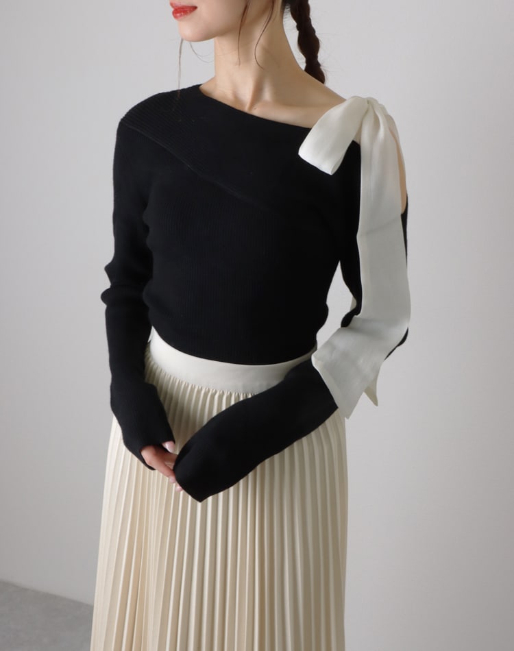 ribbon off shoulder knit pullover | TOPS | LAULEN