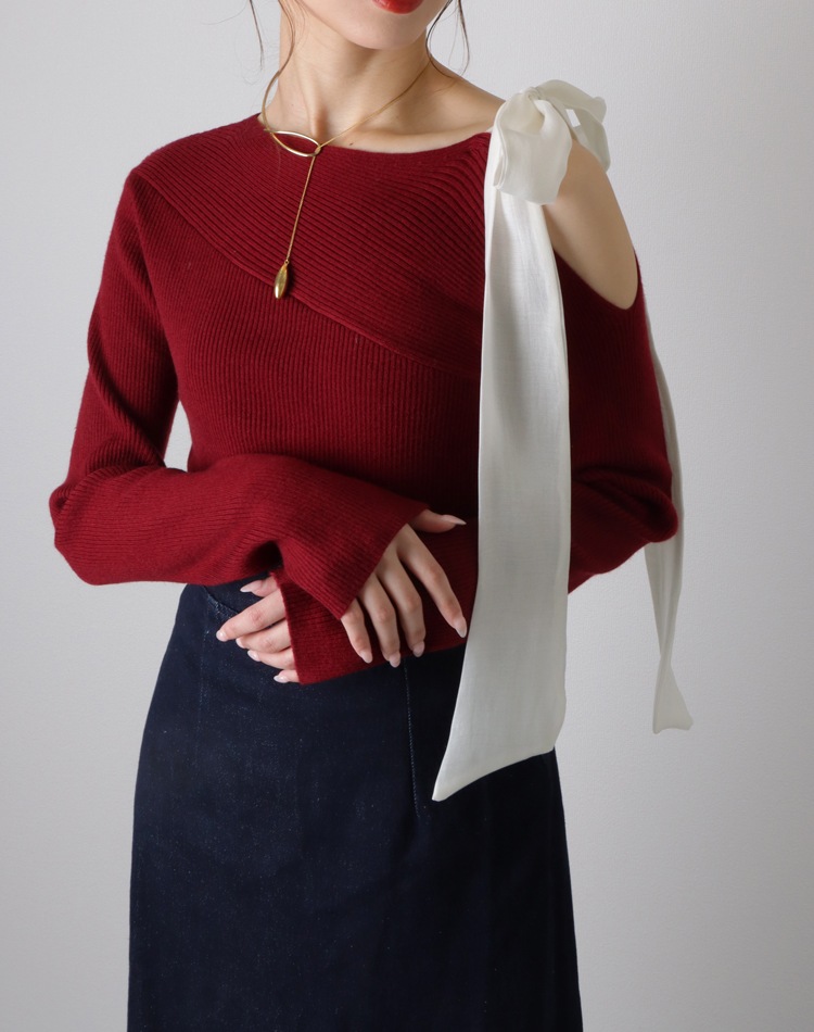 ribbon off shoulder knit pullover | TOPS | LAULEN