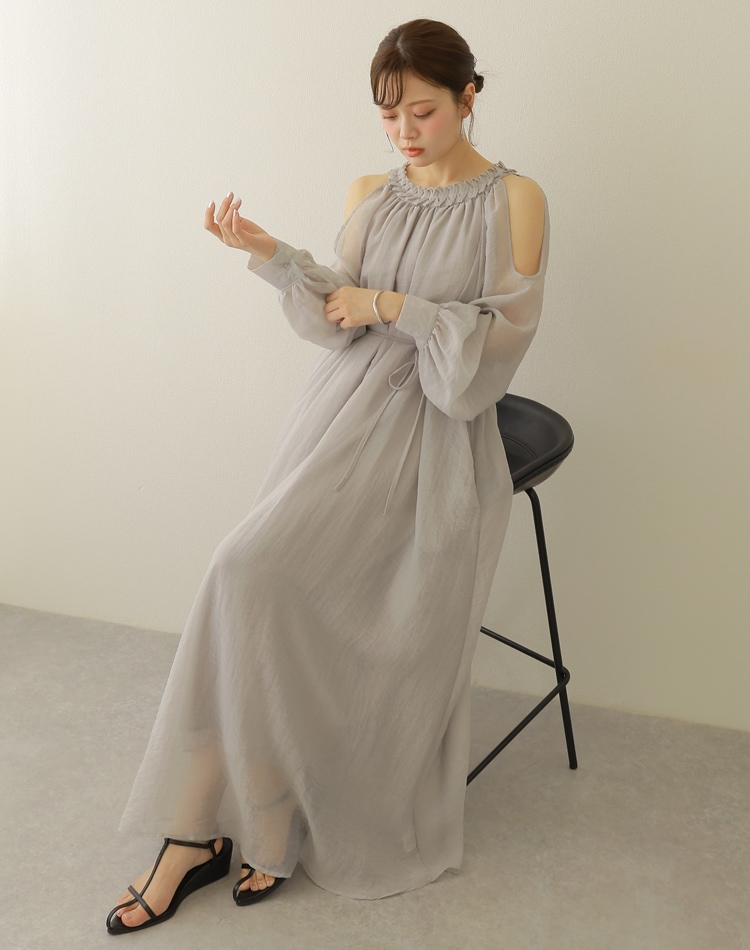 open shoulder gather long dress | DRESS | LAULEN