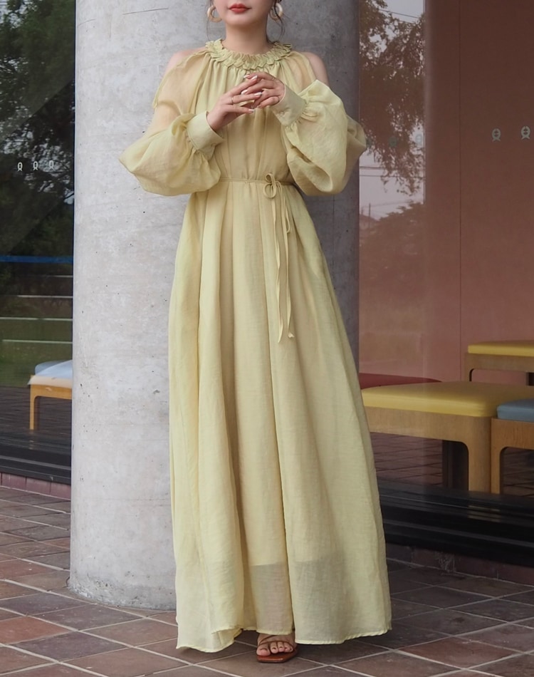 open shoulder gather long dress | DRESS | LAULEN