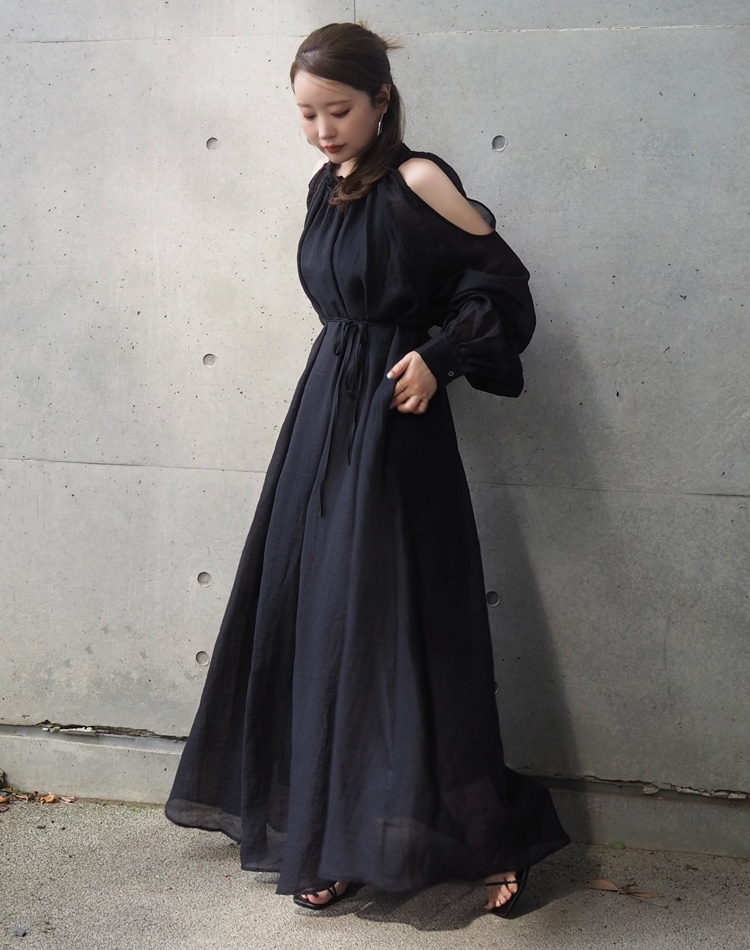 open shoulder gather long dress | DRESS | LAULEN