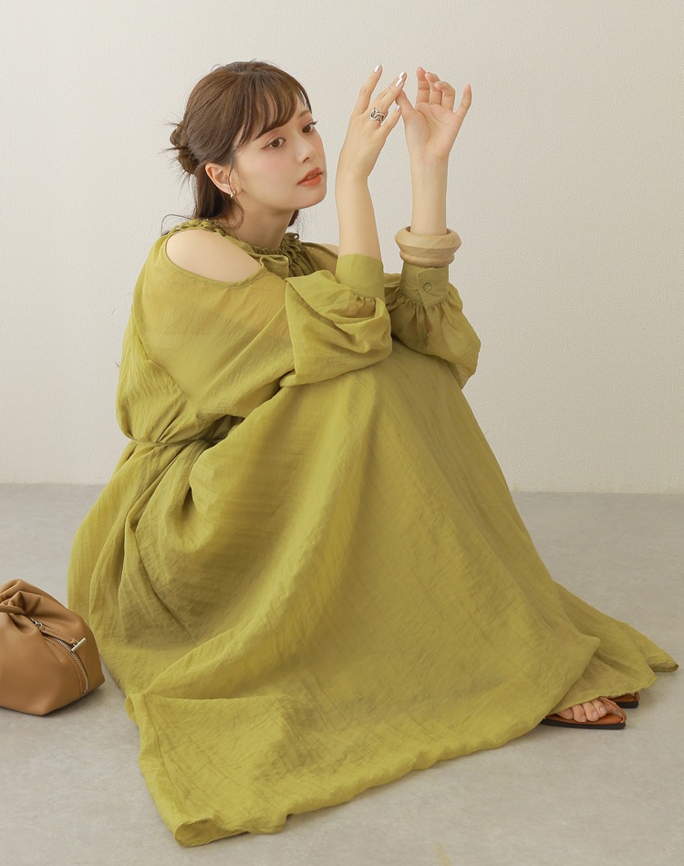 open shoulder gather long dress | DRESS | LAULEN