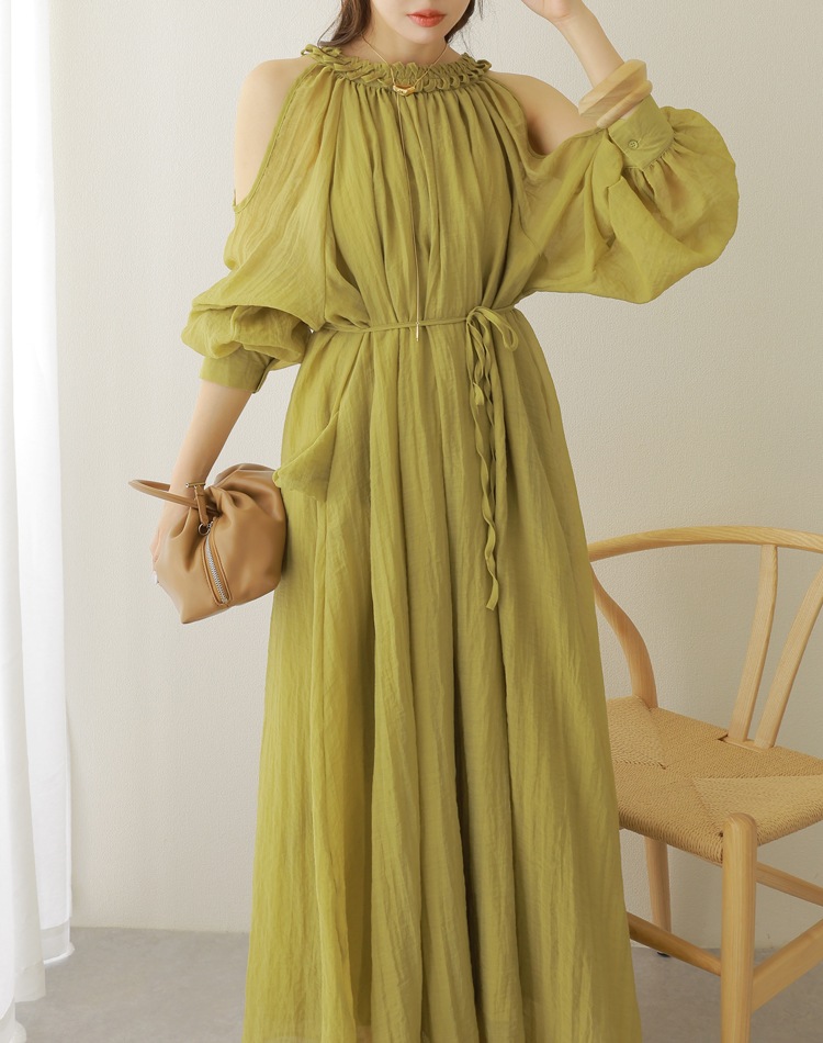 open shoulder gather long dress | DRESS | LAULEN