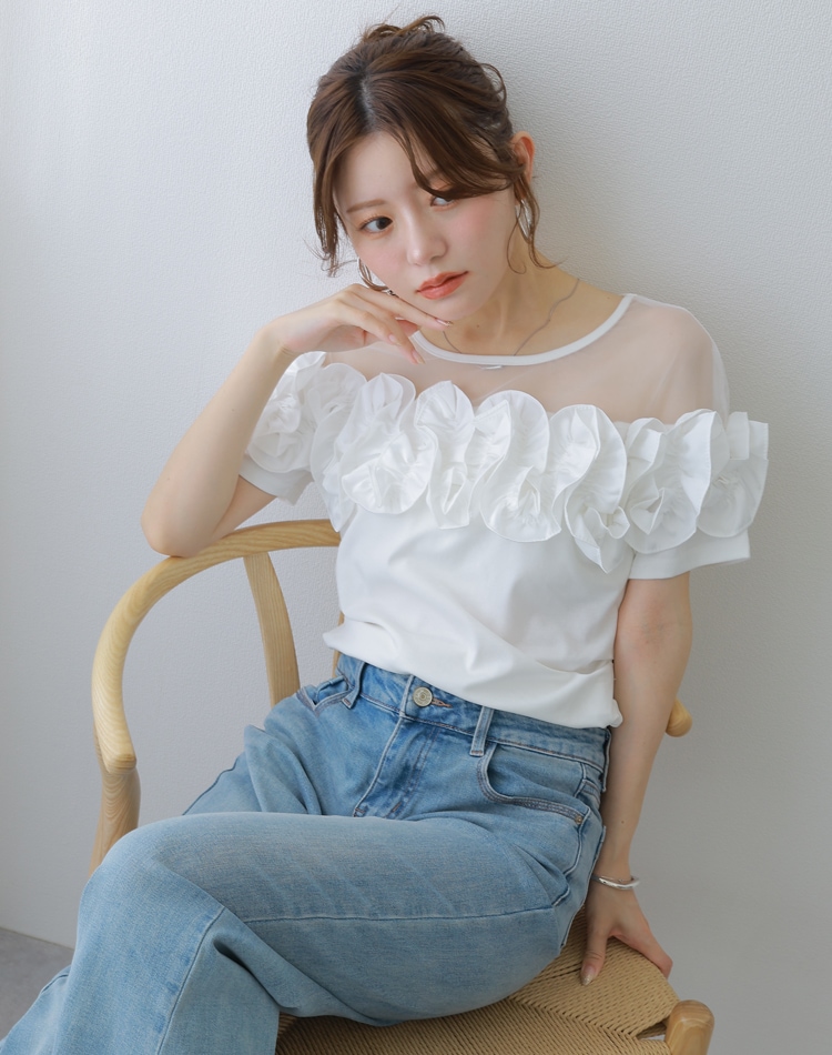 新品 roughlow Airy Fringe Sheer Tops white