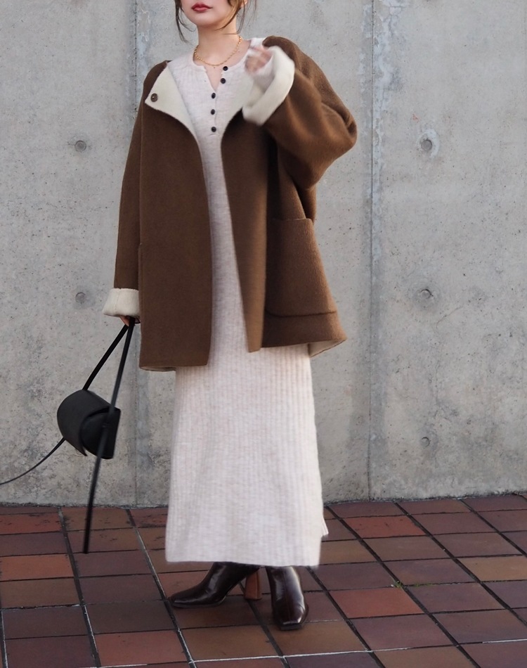 henley neck long rib dress | DRESS | LAULEN