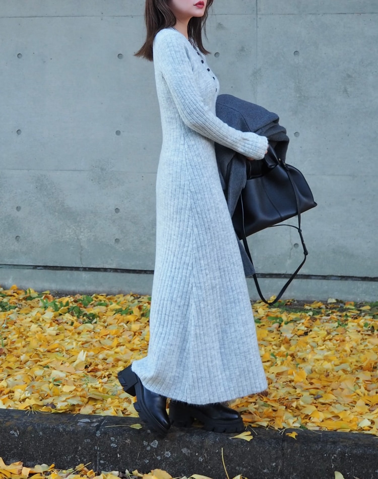 henley neck long rib dress | DRESS | LAULEN