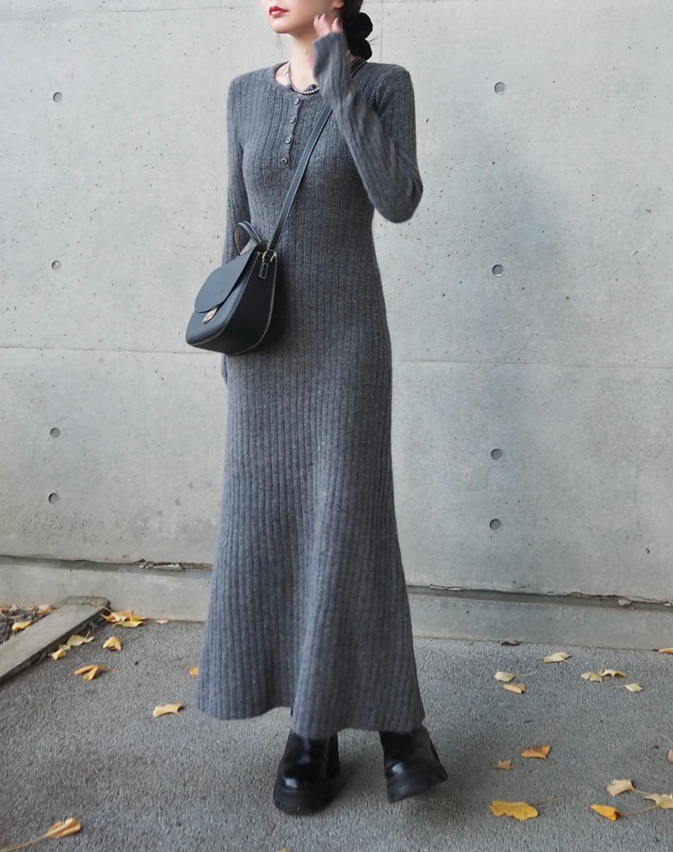 henley neck long rib dress | DRESS | LAULEN