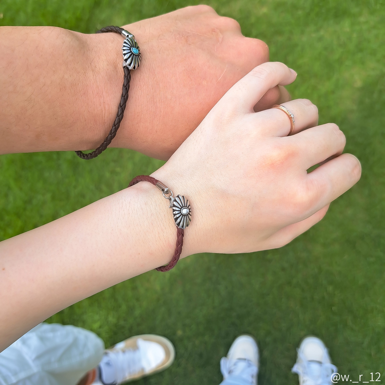 天然石と４つ編みレザーのペアブレスレット イニシャル彫刻　国産レザー　サージカルステンレス　klb078 アレルギー対応