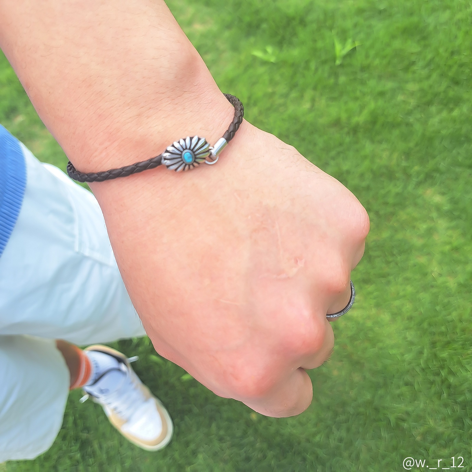 天然石と４つ編みレザーのペアブレスレット イニシャル彫刻　国産レザー　サージカルステンレス　klb078 アレルギー対応