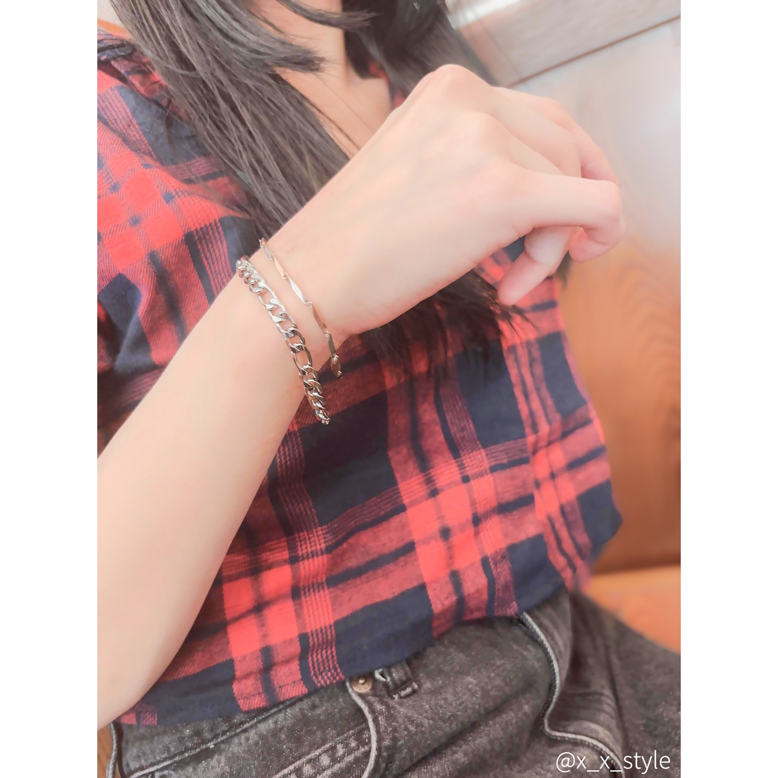 4面カットのコネクテッド・バー・チェーン ペアブレスレット/ペアアンクレット サージカルステンレス アレルギー対応 つけっぱなしok klb080