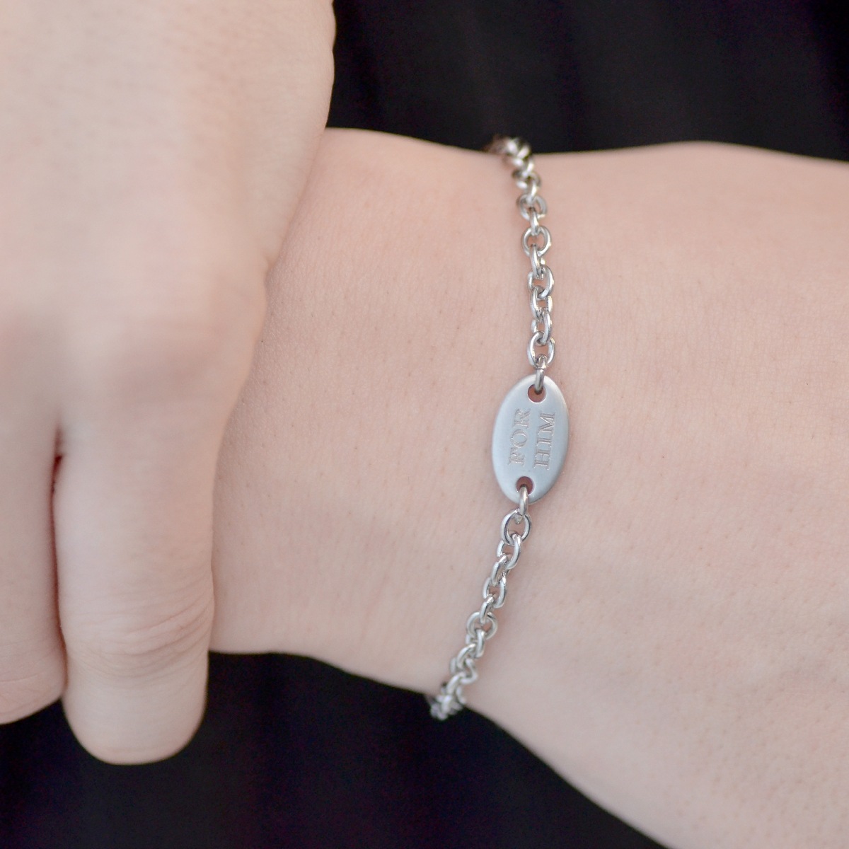 ペア ブレスレット つけっぱなしok for Him / for Her  オーバル チェーン ペア ブレスレット ステンレス イニシャル彫刻 klb031 アレルギー対応