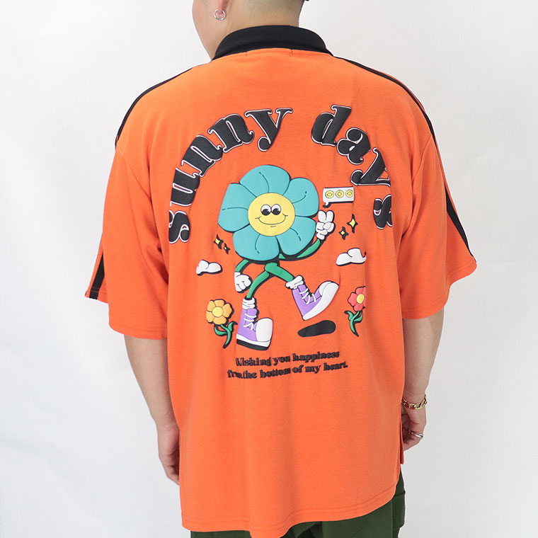 発砲花柄PTスタンドハーフZIP半袖Tシャツ