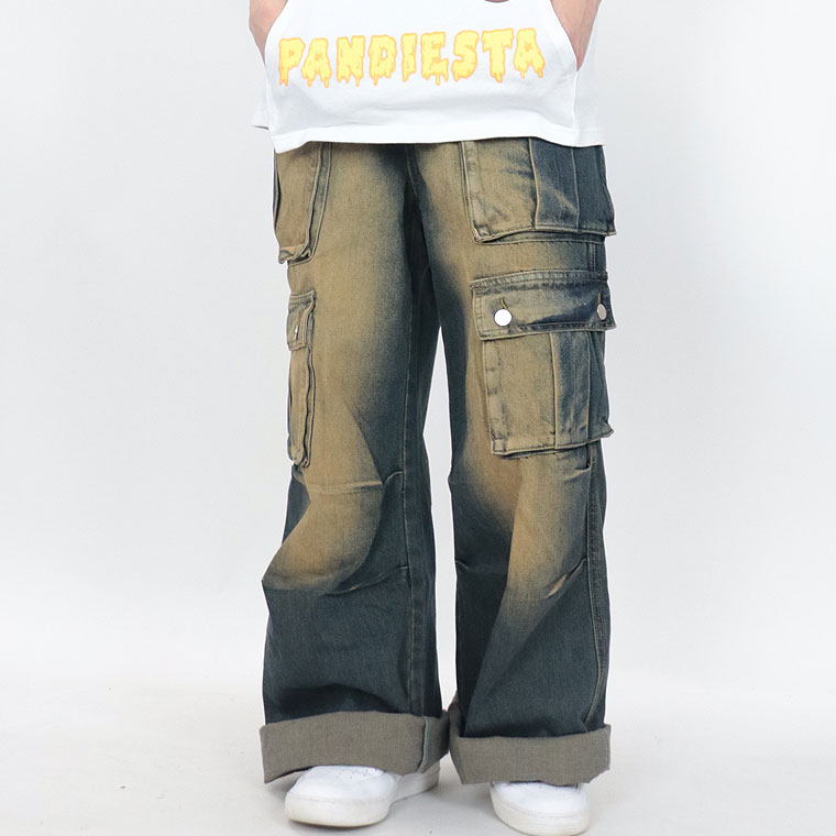 ダブルポケット付きワイドデニムカーゴパンツ | すべての商品