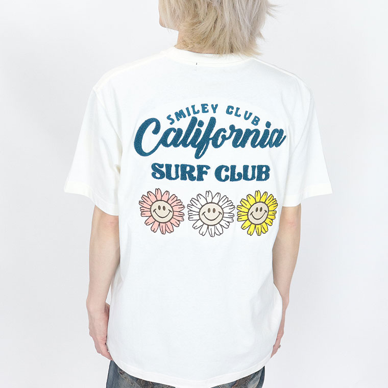 早い者勝ち【SmileyFace×CaliSurf】半袖Ｔシャツ3連花スマイルのチェーン刺繍T(アメカジ・サーフ系)