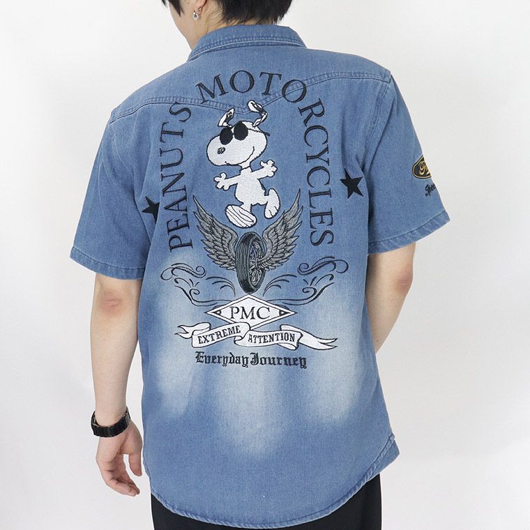 【SNOOPYコラボ】モーター刺繍半袖デニムシャツ