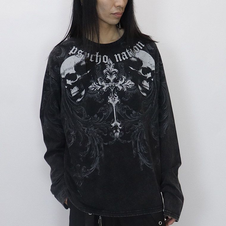 ＼数量限定２０％ＯＦＦ／【PSYCHONATION】スカルクロスプリントBIGシルエット長袖Tシャツ