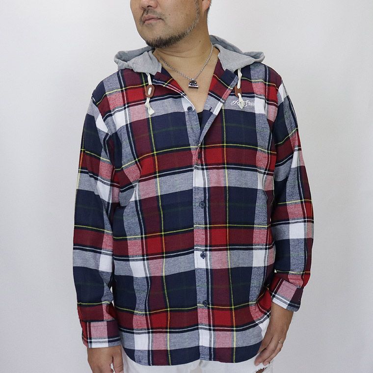 【大きいサイズ】フード付きチェックシャツ