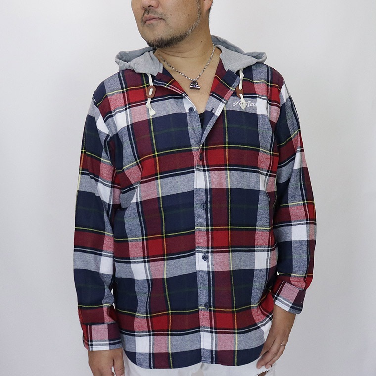 【大きいサイズ】フード付きチェックシャツ