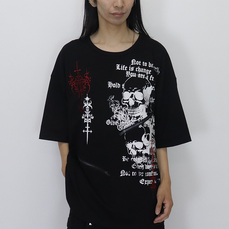 ＼数量限定３０％ＯＦＦ／【PSYCHONATION】ZIP付きスカルプリントBIGシルエットTシャツ