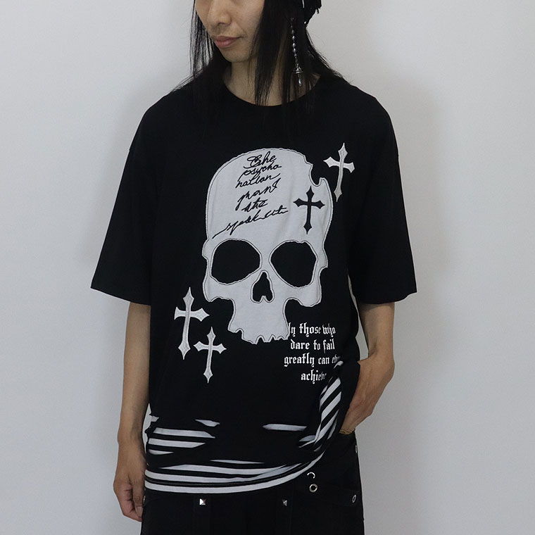 【PSYCHONATION】スカルレイヤード裾ボーダーBIGシルエットTシャツ