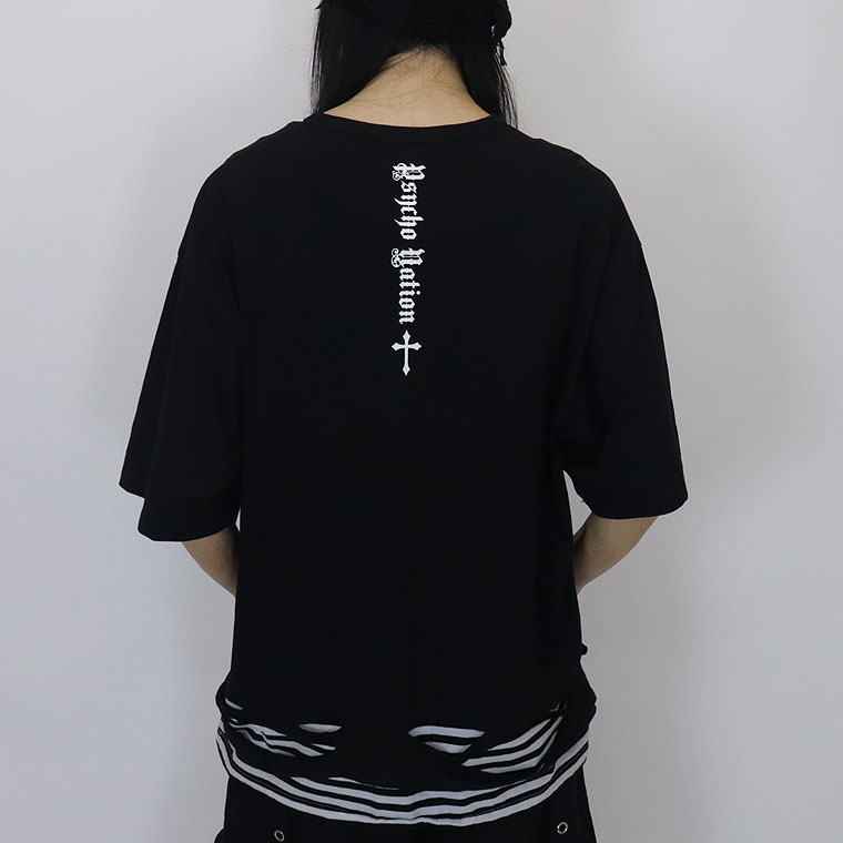 【PSYCHONATION】スカルレイヤード裾ボーダーBIGシルエットTシャツ