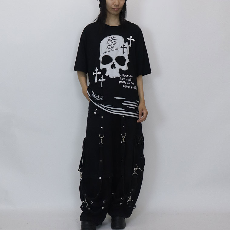 【PSYCHONATION】スカルレイヤード裾ボーダーBIGシルエットTシャツ