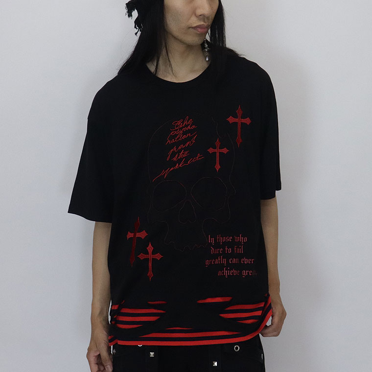 【PSYCHONATION】スカルレイヤード裾ボーダーBIGシルエットTシャツ