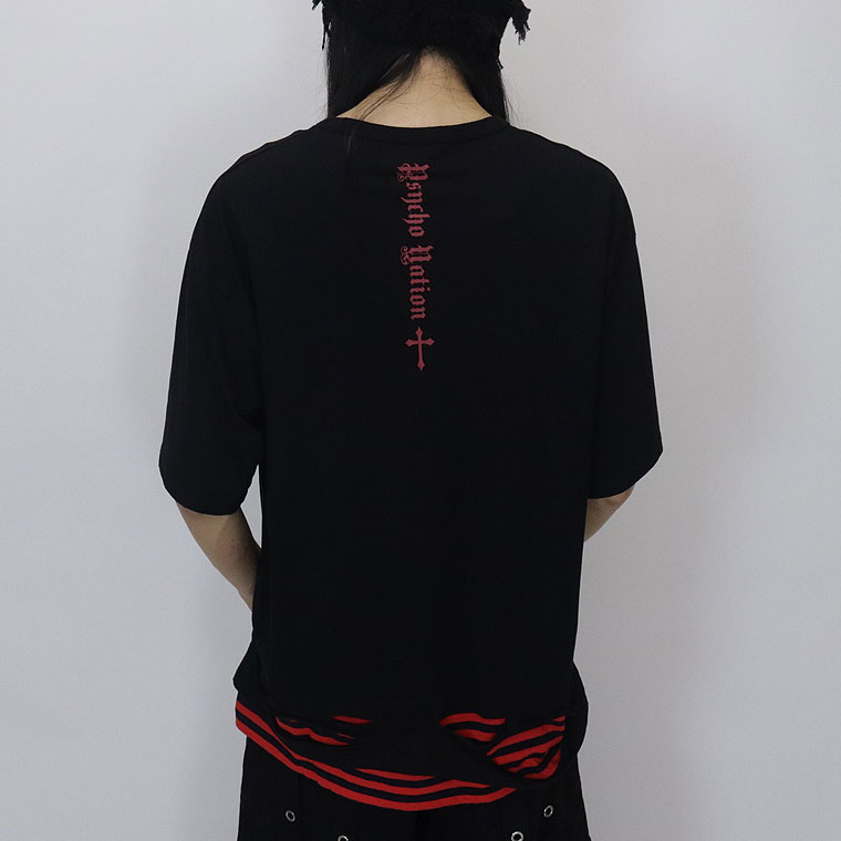 【PSYCHONATION】スカルレイヤード裾ボーダーBIGシルエットTシャツ