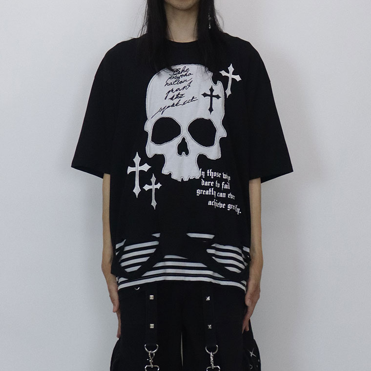 【PSYCHONATION】スカルレイヤード裾ボーダーBIGシルエットTシャツ