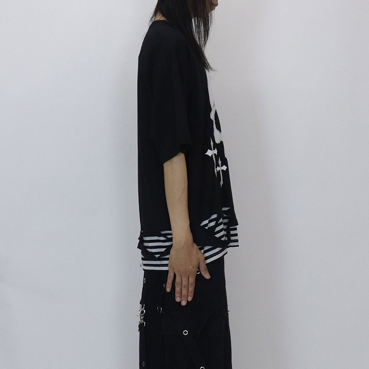 【PSYCHONATION】スカルレイヤード裾ボーダーBIGシルエットTシャツ