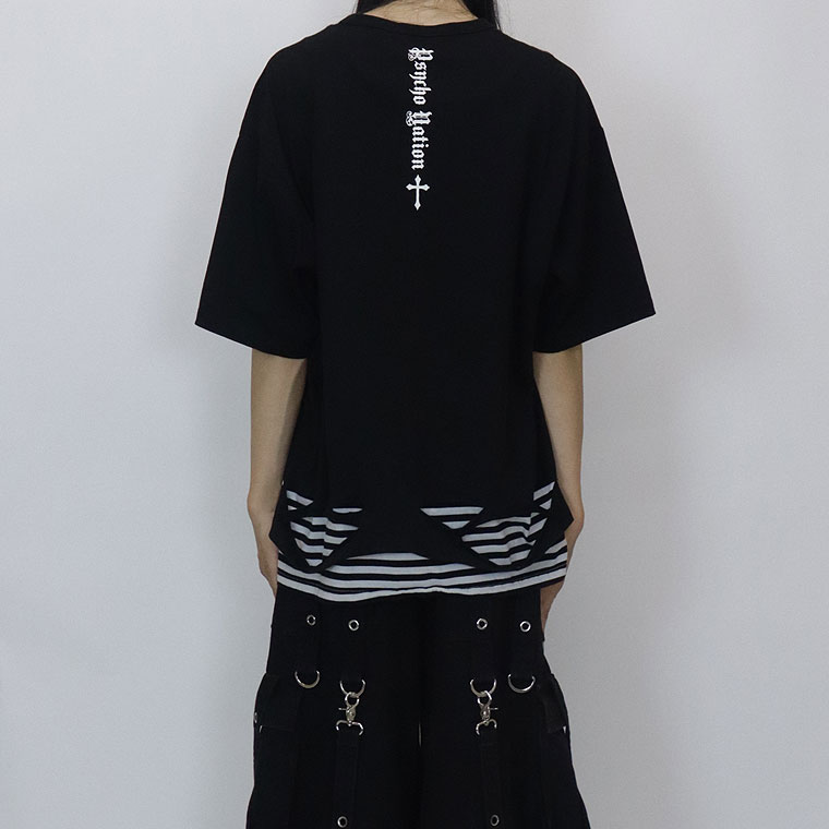【PSYCHONATION】スカルレイヤード裾ボーダーBIGシルエットTシャツ