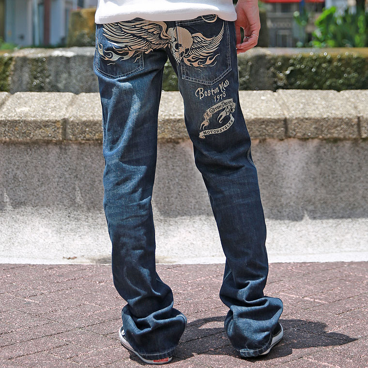 【VANSON】刺繍デニムパンツ フライングスカル