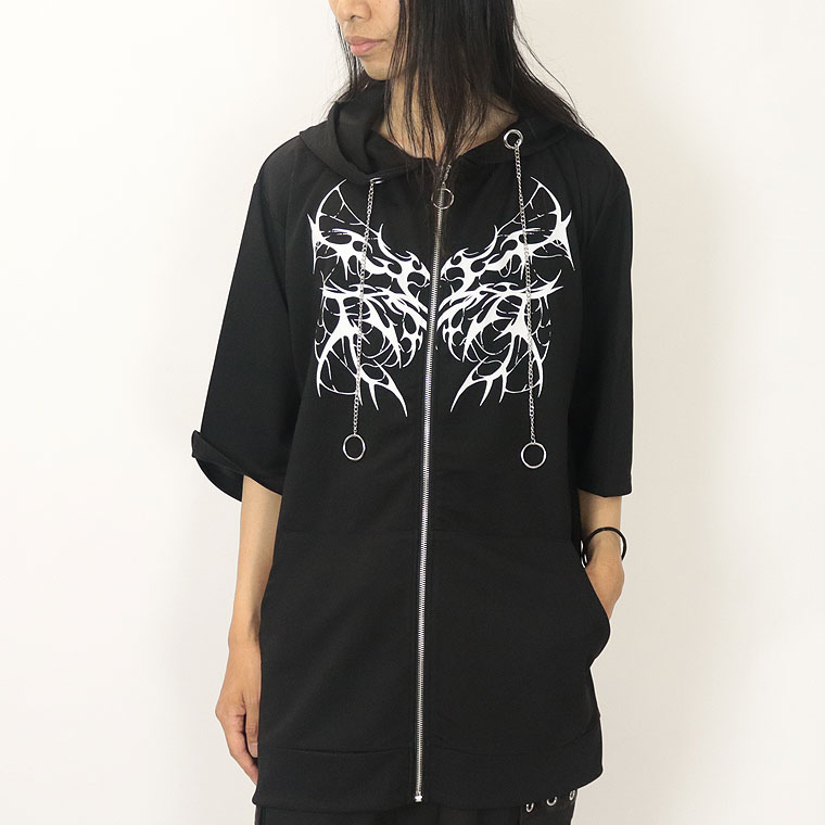 チェーン×レースアップうさ耳フード付きトライバルロゴBIGシルエットZIPパーカー