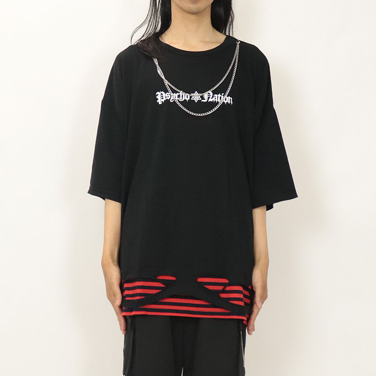 \数量限定30%OFF/【PSYCHONATION】チェーン付きフェイクレイヤードBIGシルエットTシャツ