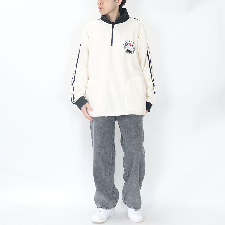 【RED CAP GIRL】胸刺繍袖ライン配色ハーフジップ