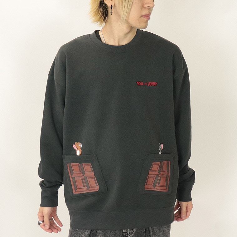冬物セール30%OFF【TOM and JERRY (トムとジェリー)】タフィー＆ジェリーポケット付き/裏起毛長袖トレーナー (ペアルック・アメカジ系)